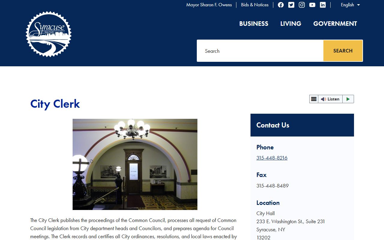 Syracuse City Clerk department page with records request information